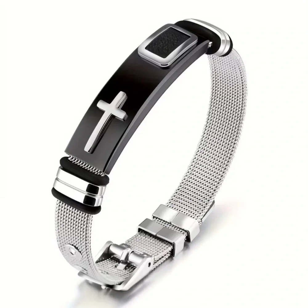 NWT Men’s Stainless Steel Cross Adjustable Mesh Bracelet Christian Silver Black